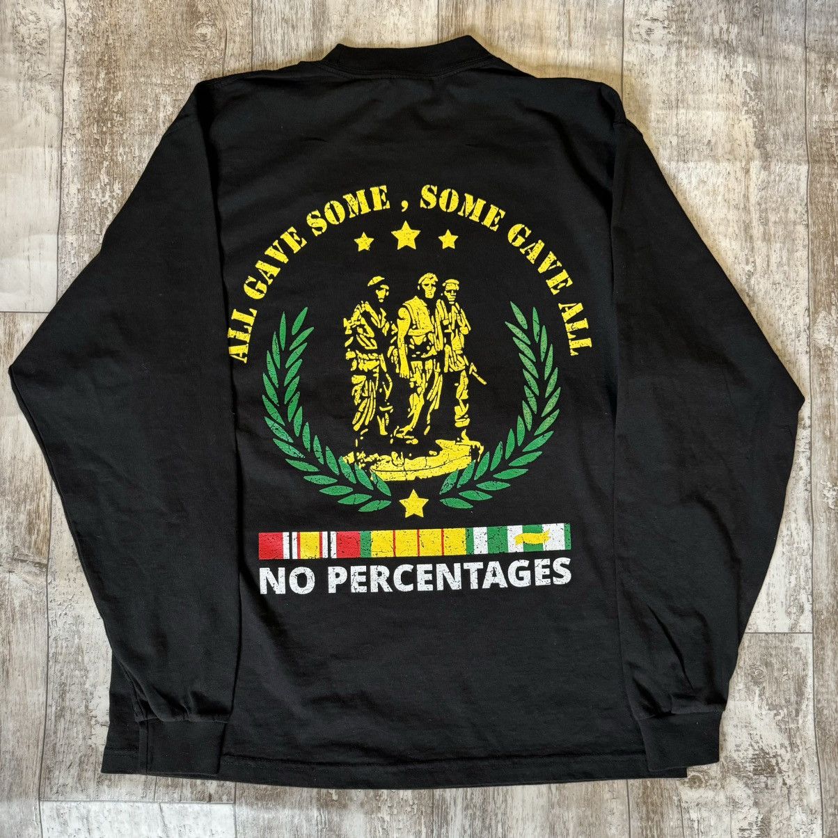 image of Vintage No Percentages Veteran T Shirt Long Sleeve Black Xlarge, Men's