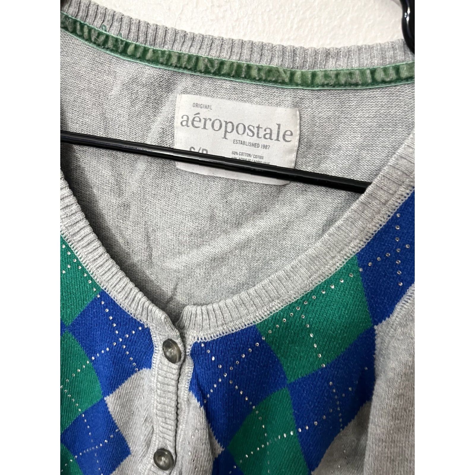 Vintage Aéropostale Women's Gray Argyle Cardigan Sweater Size S 3/4 Sleeve Casual Pockets Size S / US 4 / IT 40 - 2 Thumbnail
