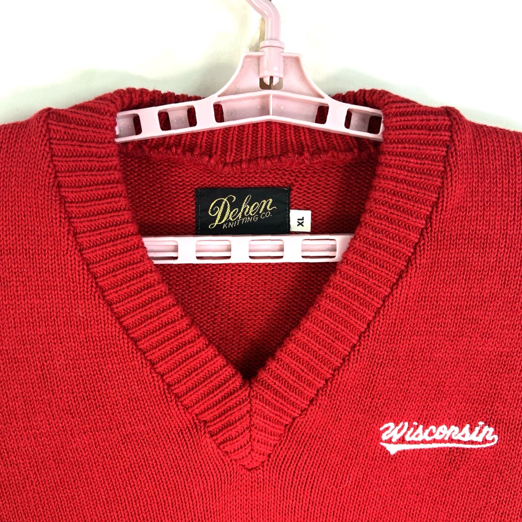 Vintage VINTAGE Dehem Wisconsin University Sweater Shirt Mens XL Red Cotton Crew Neck Knit Logo Pullover 56in Chest University Theme Mens Size US XL / EU 56 / 4 - 3 Thumbnail