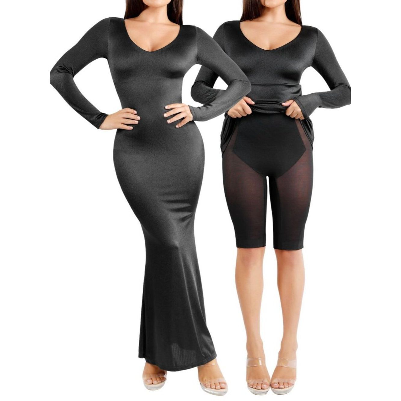 Other NWT New Popilush Shapewear Long Sleeve V-Neck Maxi Black Dr Size S / US 4 / IT 40 - 1 Thumbnail