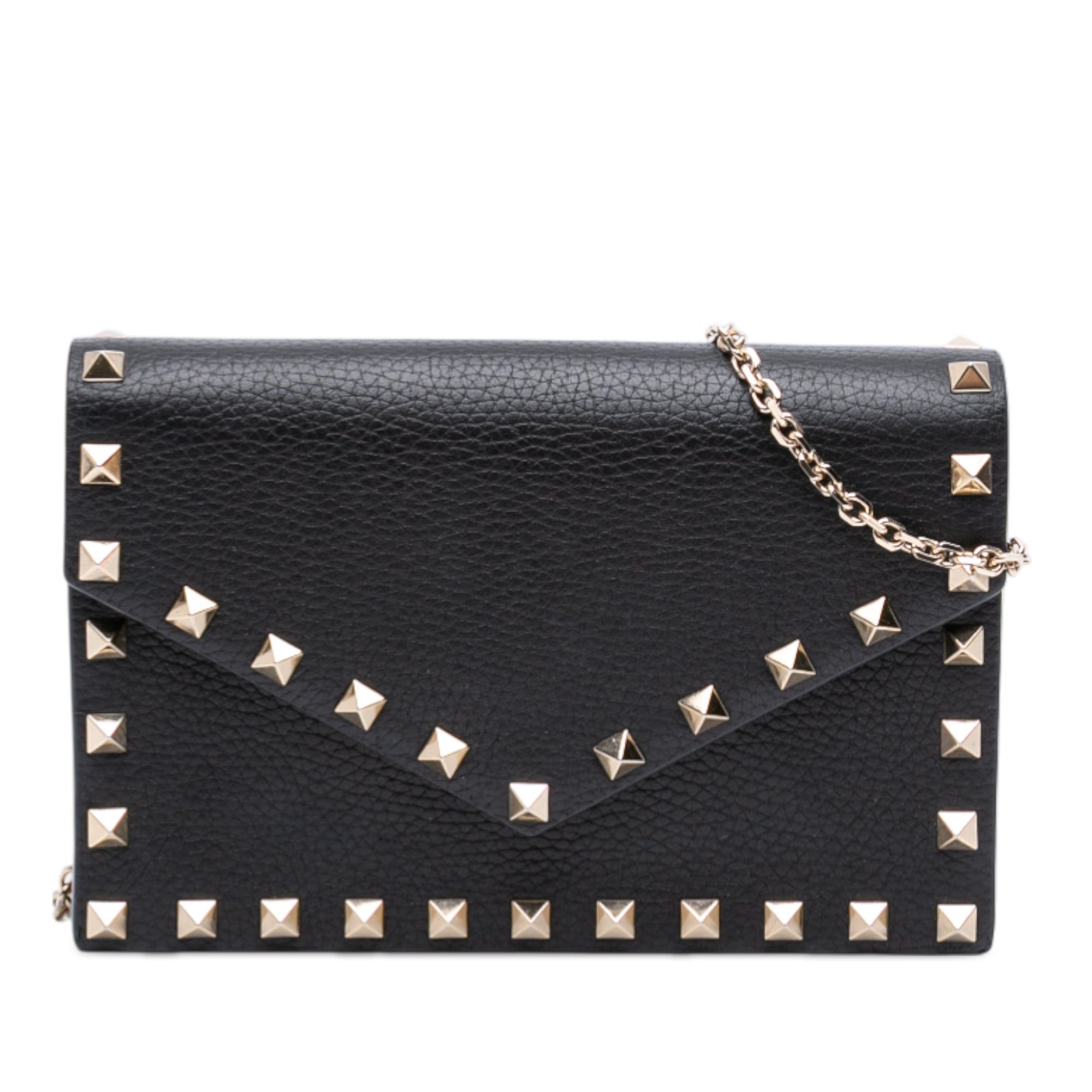 Valentino Pebbled Calfskin Rockstud Envelope Wallet On Chain in Black, Women's