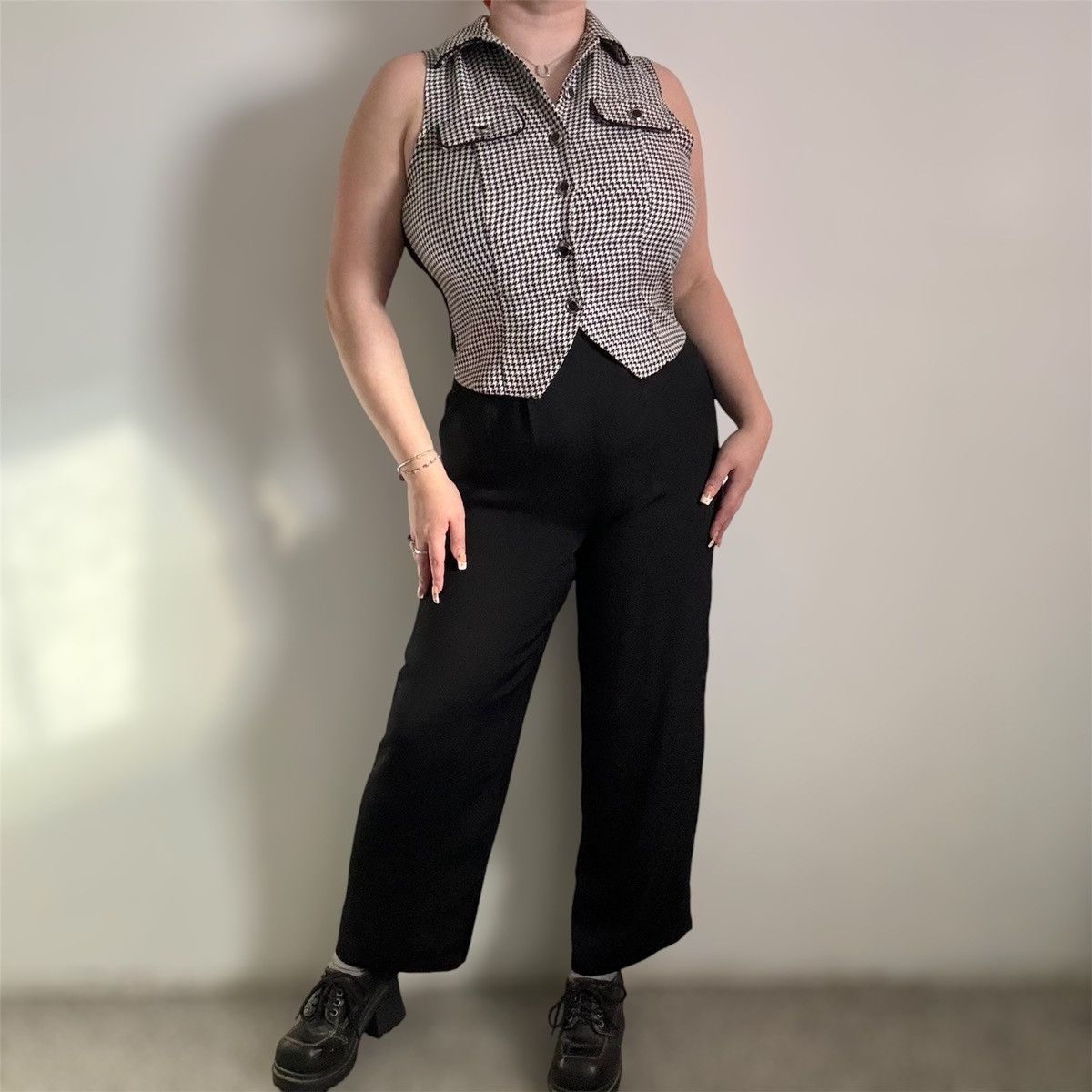 CITY TRIANGLES Vintage 90s Black White Houndstooth Jumpsuit