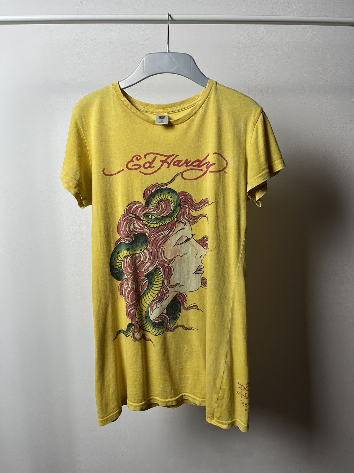 Ed Hardy × Vintage Ed Hardy Yellow Graphic Longline Tee Dress Women’s L Size L / US 10 / IT 46 - 1 Thumbnail