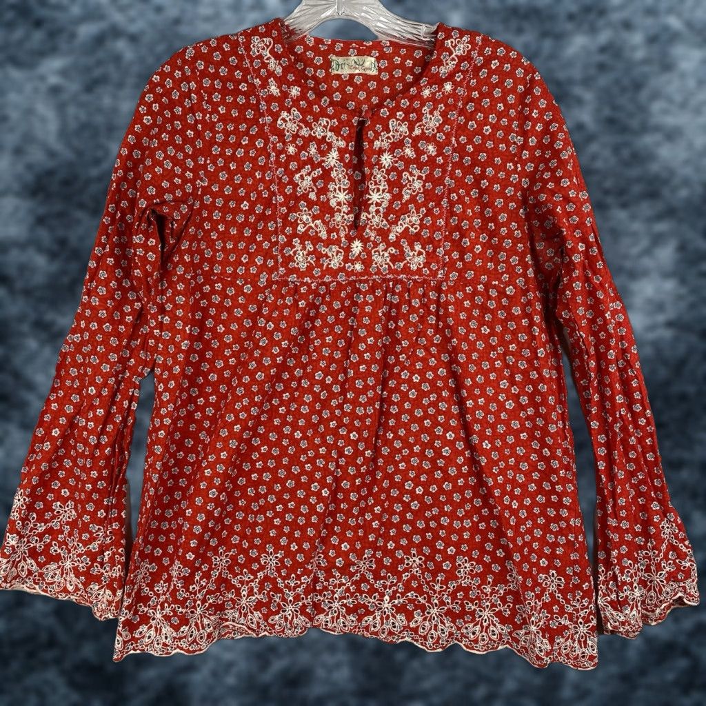 Vintage VINTAGE Criss Cross Top Y2K Sz L Boho Hippie Floral Embroidered Cottagecor Red Cotton Blouse Women Size L / US 10 / IT 46 - 1 Thumbnail