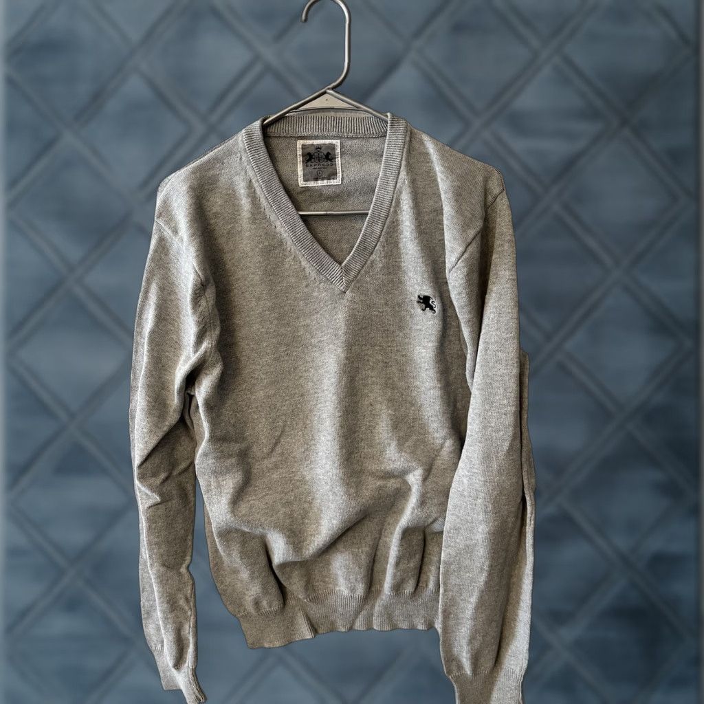 Express Express Mens Size Large V-Neck Sweater Pullover Charcoal Gray Knit Cotton Size US L / EU 52-54 / 3 - 1 Thumbnail