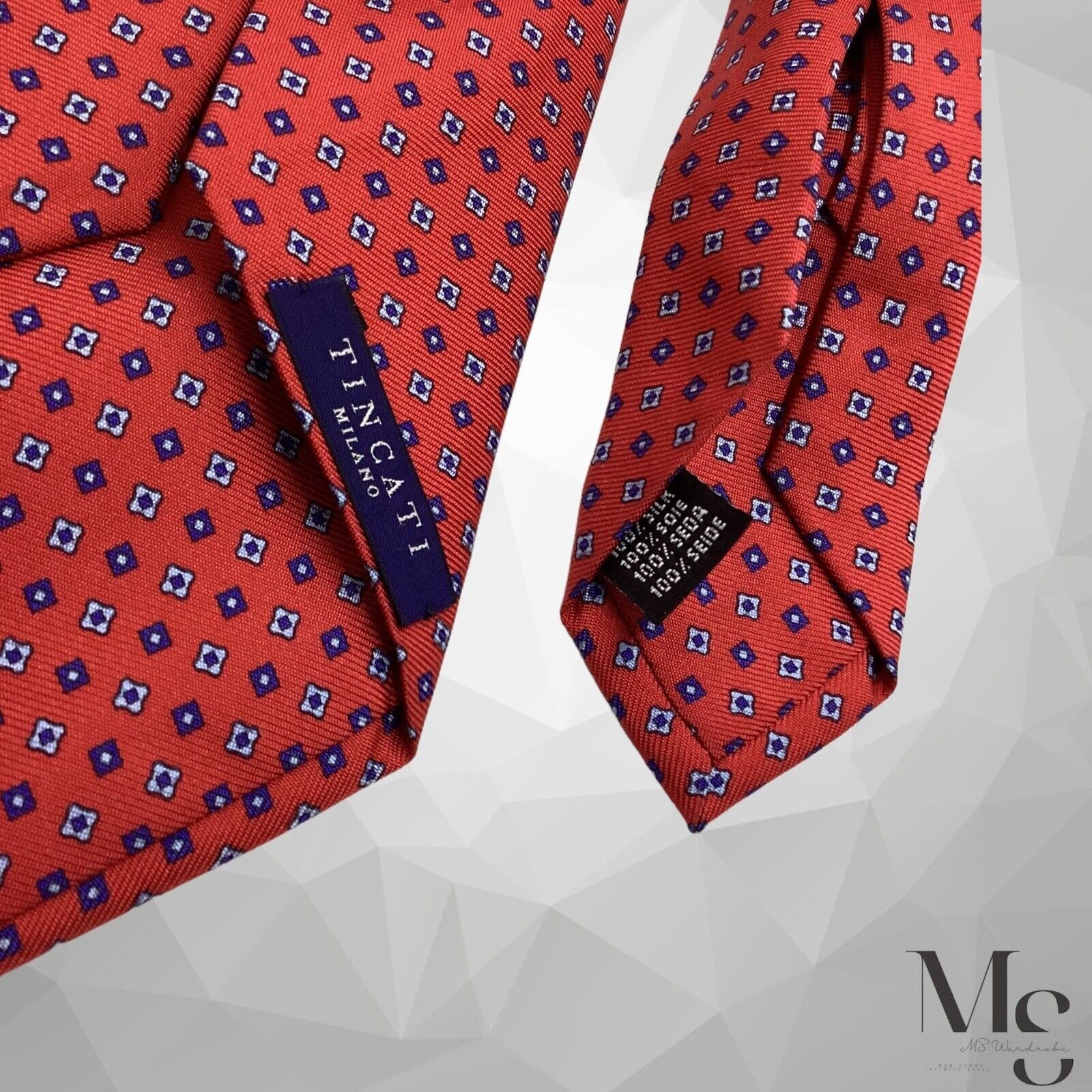Tincati TINCATI MILANO 7Fold XL Red Geometric Silk Tie Italy W:3.5" Size ONE SIZE - 2 Thumbnail