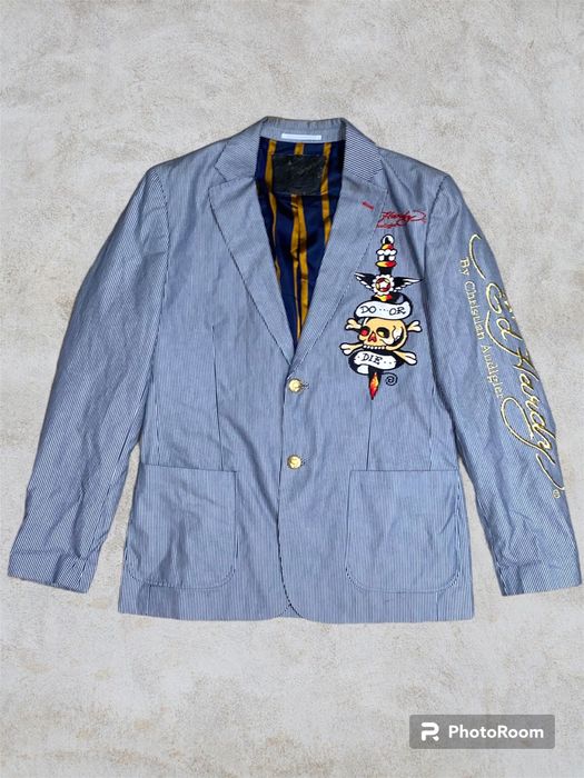 Vintage Y2K Super Rare White Yellow Embroidered Ed Hardy Leather Bomber Jacket L