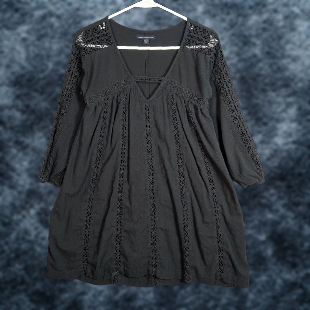 American Eagle Outfitters VINTAGE American Eagle Outfitters Black Dress 2XS XS A-Line Knit Crochet Lace Trim Cotton Blend Knee Length 3/4 Sleeve V-Neck Womens Size XXS / US 00 / IT 34 - 1 Thumbnail