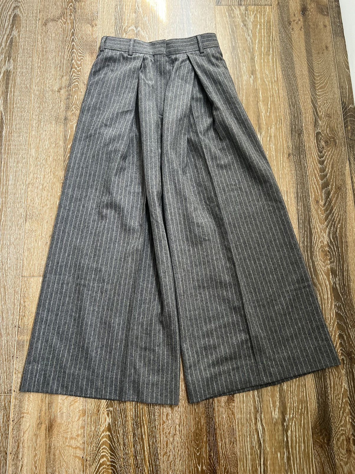 image of Acne Studios Pleated Striped Wool Blend Wide Leg Trousers in Grey, Women's (Size 29)