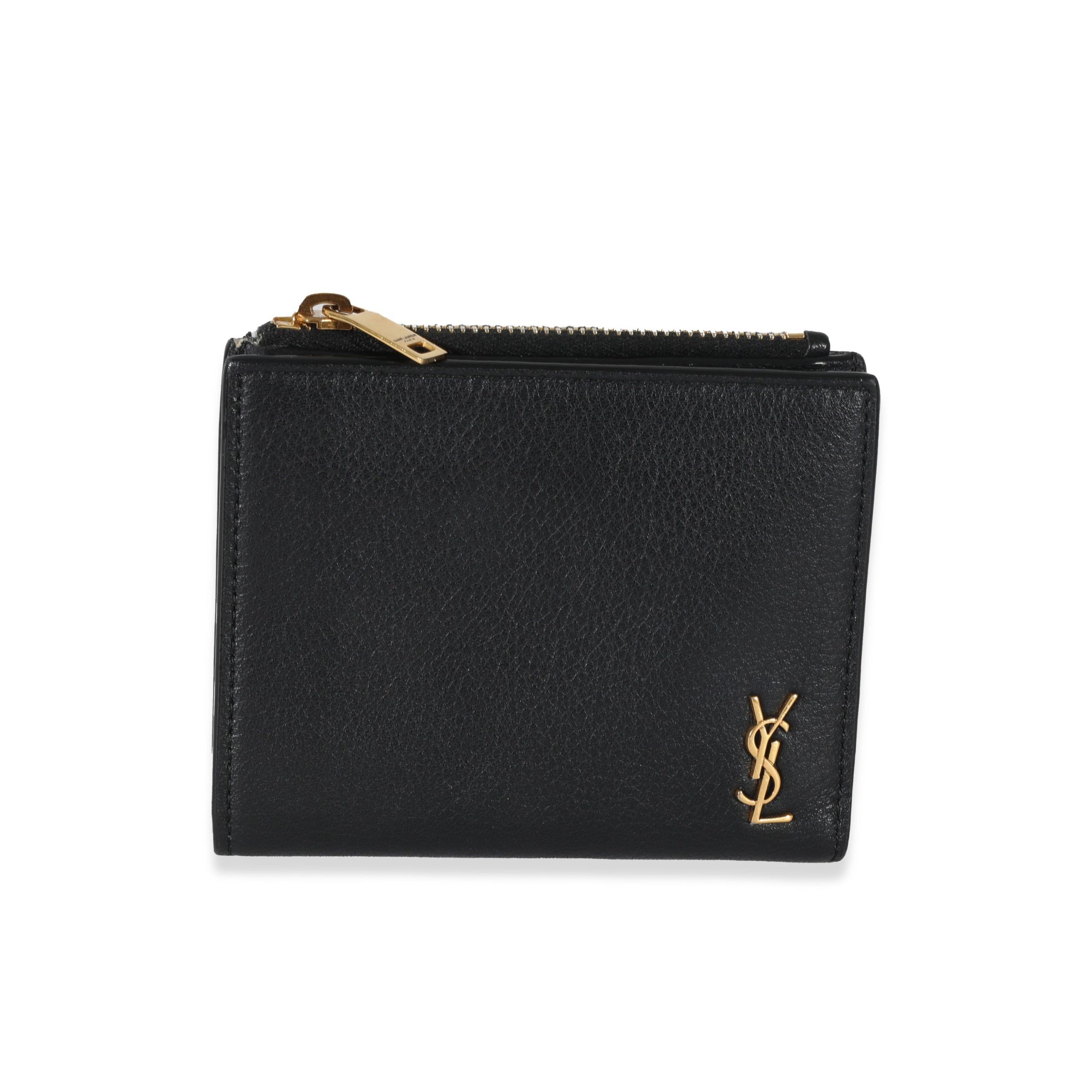 image of YVES Saint Laurent Black Leather Tiny Cassandre Bifold Wallet, Women's