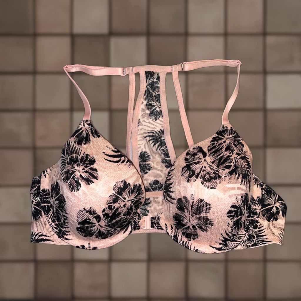 Victorias Secret Vintage Victoria's Secret Pink Floral Push Up Bra Front Closure Padded 34B Multicolor Womens
