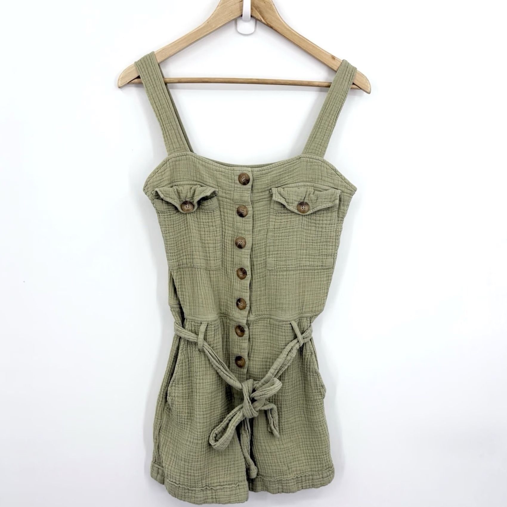 Vintage Sezane Romper Jumpsuit 1 Piece Sleeveless Belted Cotton Rayon Green 2 Regular Women Boho Cottage Gauze Indie Green 2 Size 26" / US 2 / IT 38 - 2 Thumbnail