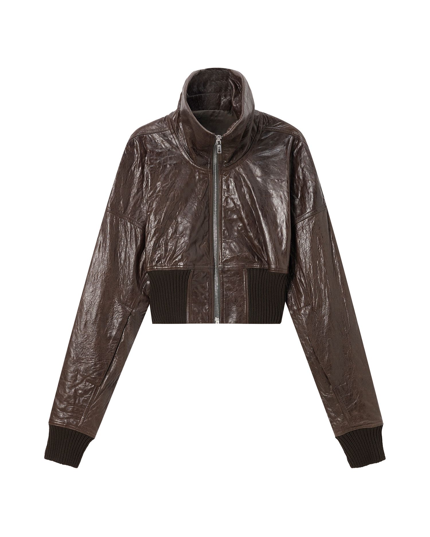 Rick Owens Stand Collar Zipper Leather Jacket in Brown, Women's