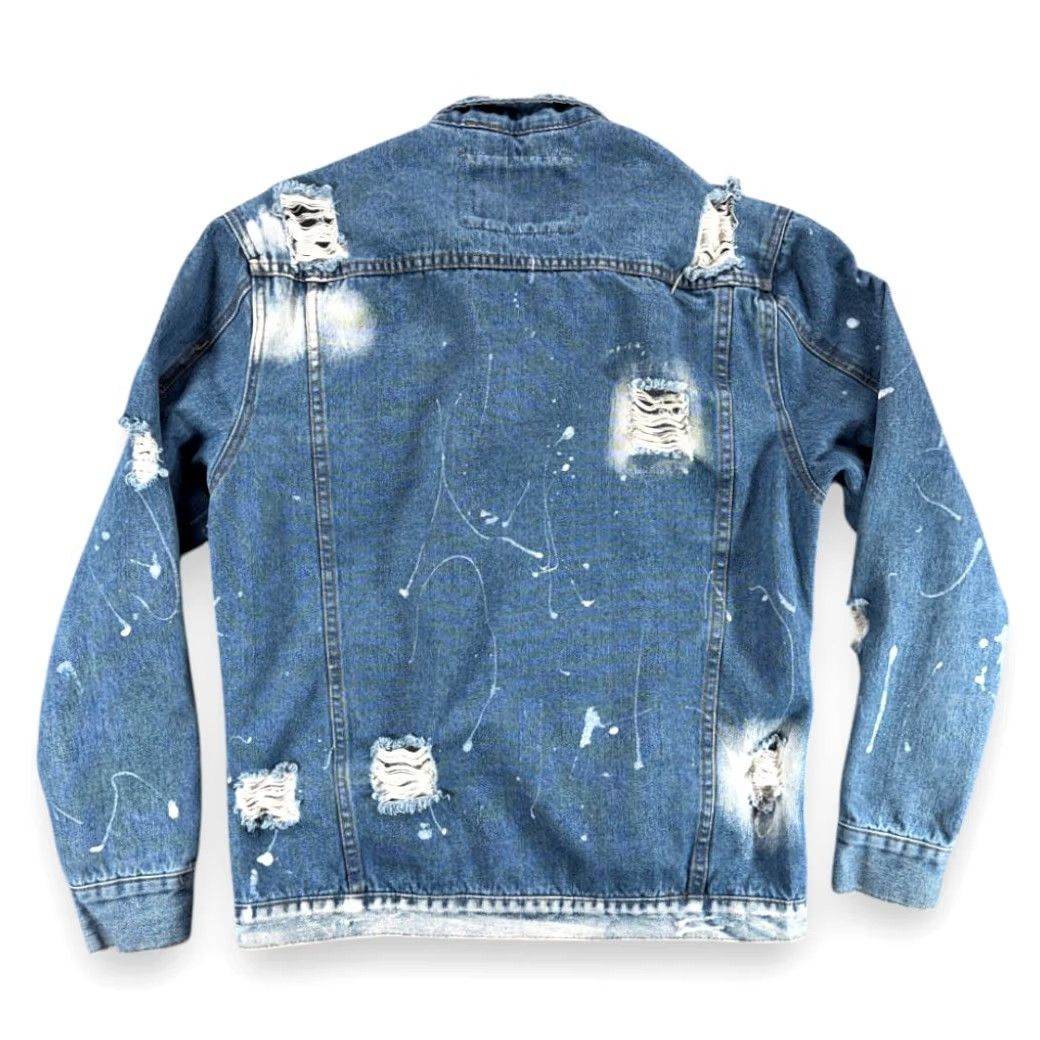 Denime Rolling Paper Jacket Mens LARGE Blue Jean Denim Distressed Splatter 90s Punk Retro Rock Casual Size Large Size US 33 - 3 Thumbnail