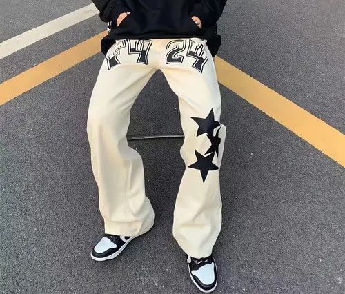 image of Streetwear Graffiti Stars Pattern Denim Trousers in Beige, Men's (Size 32)