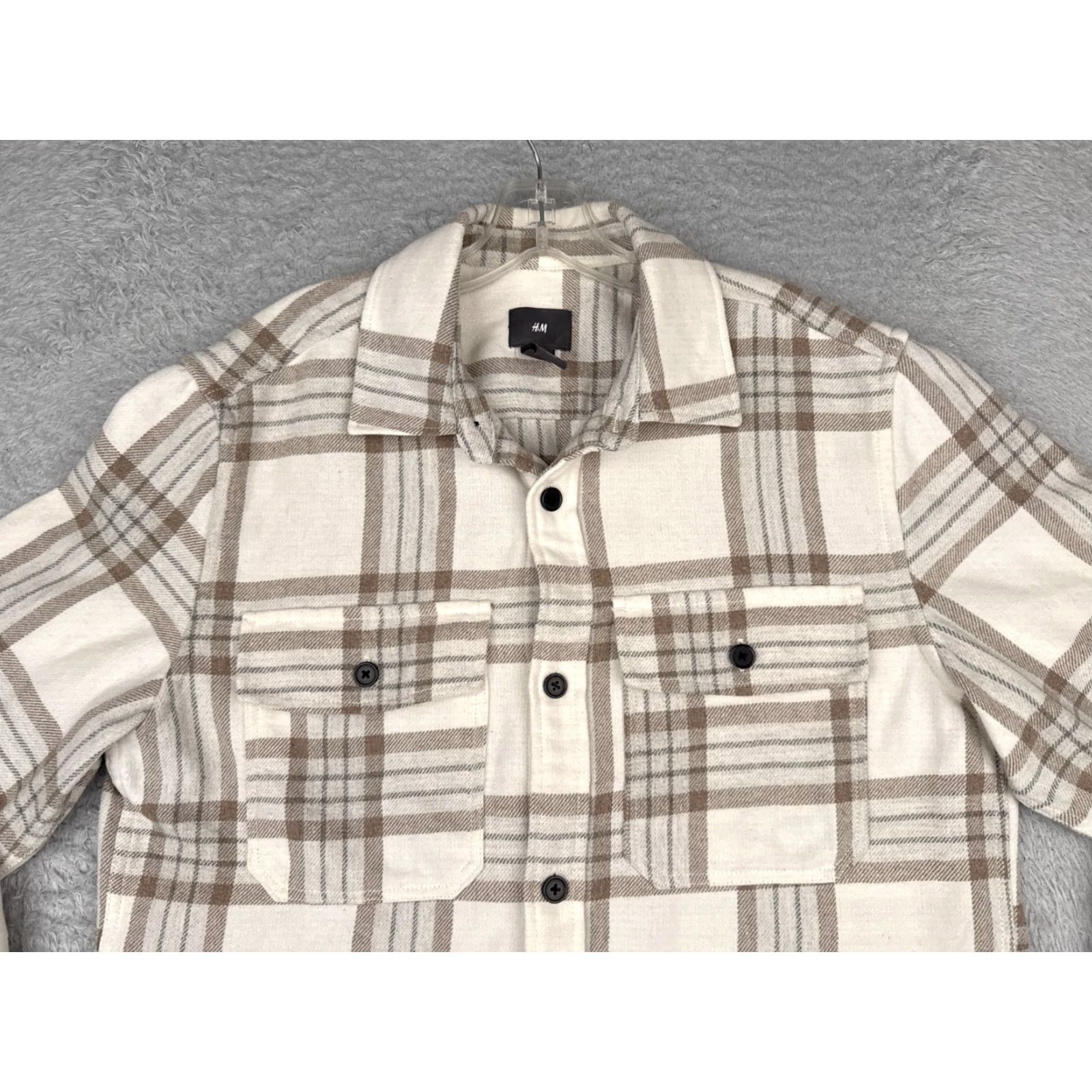 H&M H&M Shirt Men Medium Beige White Plaid Flannel Poly Wool Blend Button Up Pockets Shirt Size US M / EU 48-50 / 2 - 4 Thumbnail