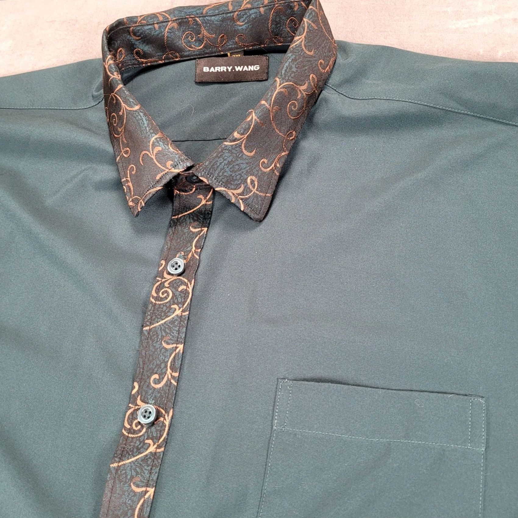 Vintage Barry Wang Mens Dress Shirt Long Sleeve Button Up Flip Cuff Paisley Trim 3XL Green Size 48R - 2 Thumbnail