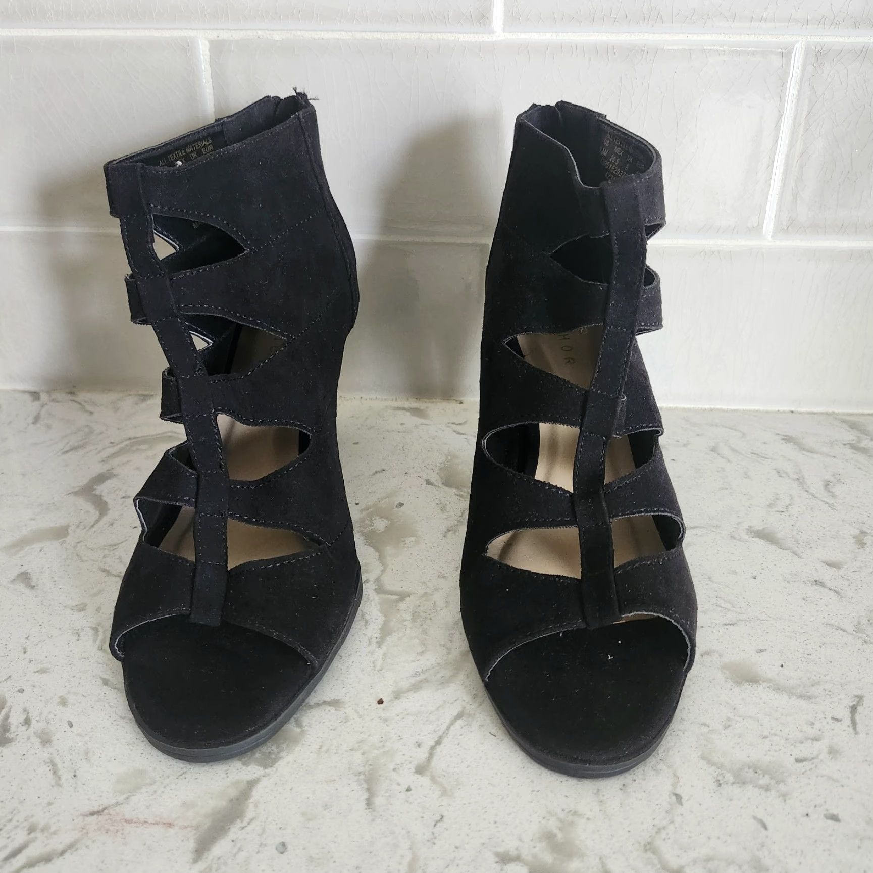 Vintage Metaphor Black Suede Heels Open Toe Peep Toe Cut Out Ankle Boot Sz 9.5M Womens Heel Block Zip Size US 10 / IT 40 - 2 Thumbnail