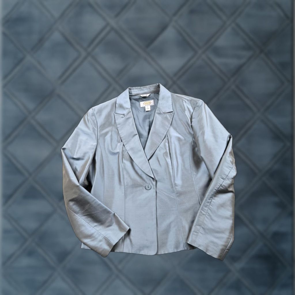 Talbots VINTAGE Talbots Blazer Jacket Womens 8 Petites 100% Silk One Button Slim Tailored Silver Notch Single-Breasted Pant Suit Ladies? Size M / US 6-8 / IT 42-44 - 1 Thumbnail