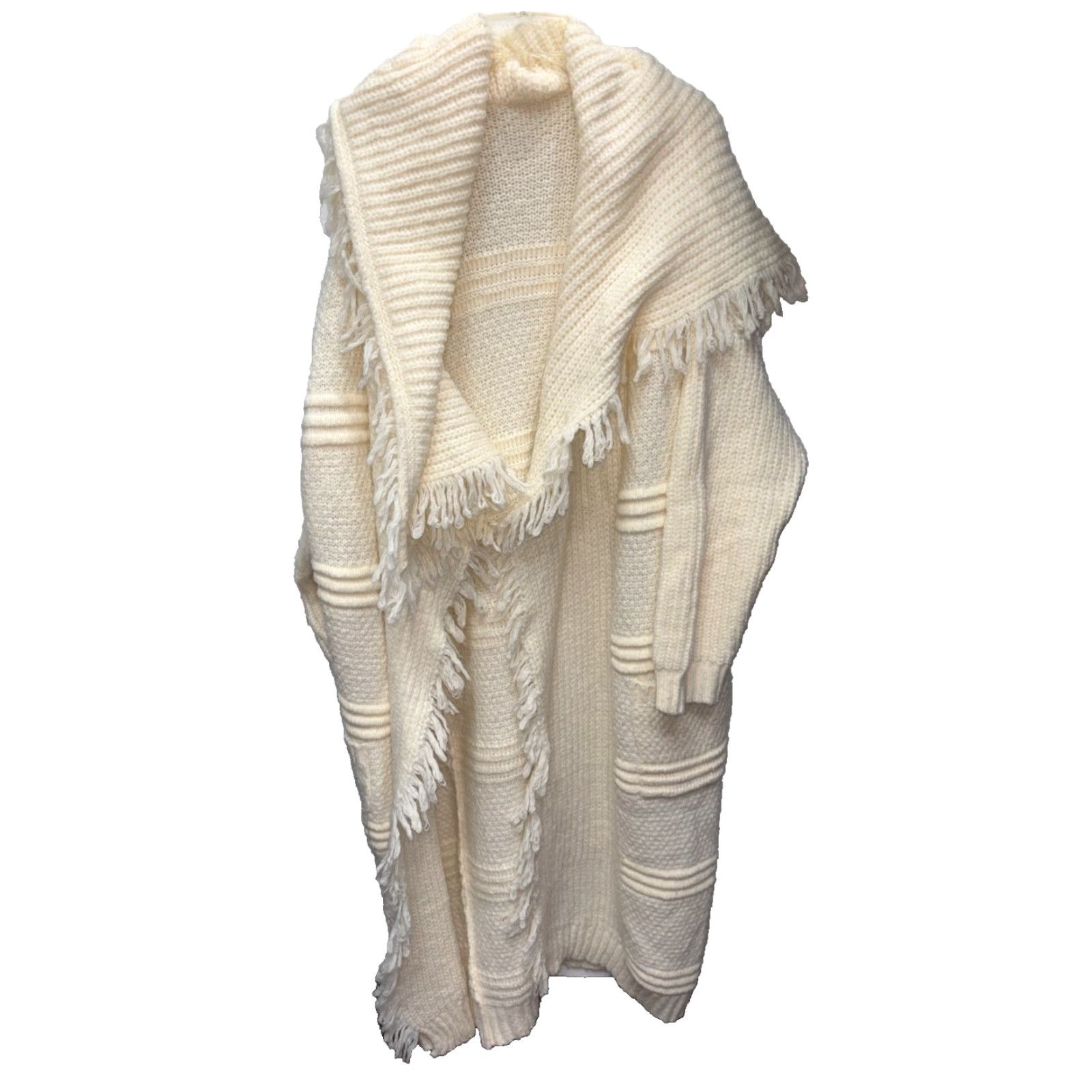 Ivory Cardigan Duster Open Front Tassel Pocket Sweater Stripe Knit V-Neck Long Sleeve Dolman Loose Relaxed - XL - Women - Knit - Cardigan