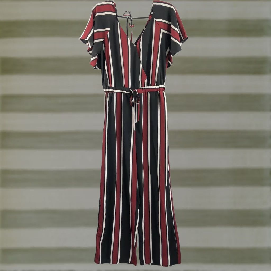 Etro Blush Retro Jumpsuit Shirt One-Piece L Red Black Stripe Flutter Sleeve Cinch Tie Waist 60s Bohemian Wide Leg Size L / US 10 / IT 46 - 1 Thumbnail