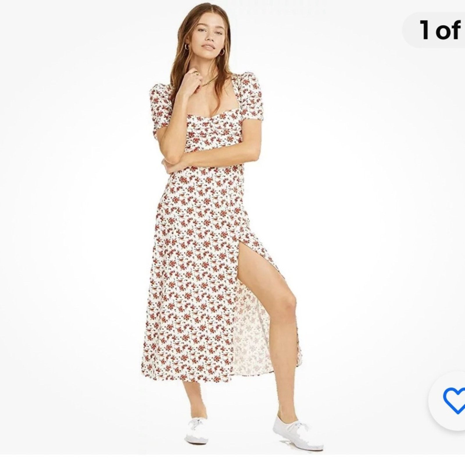 Other Danielle Bernstein White red Floral Midi Dress Puff Sleeve Size XS / US 0-2 / IT 36-38 - 13 Thumbnail