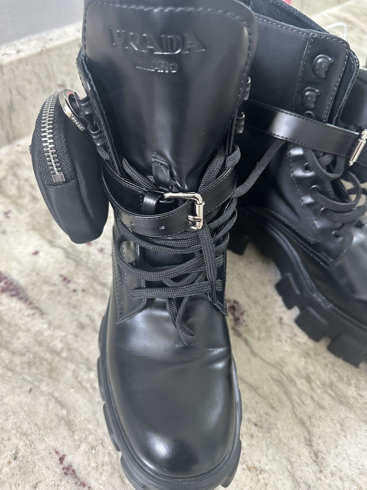 Prada Black Men's Re-Nylon & Leather Zip Pocket Combat Boots