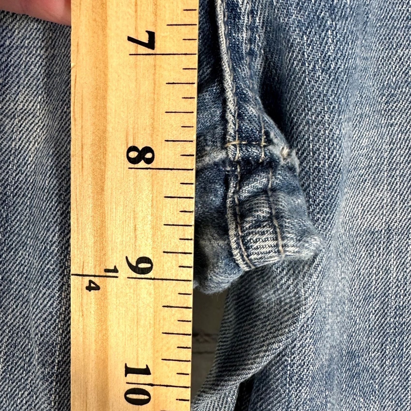 American Eagle Outfitters VINTAGE? No. American Eagle Outfitters Low Rise Flare Jeans Medium Wash Distressed Blue Denim Womens 12 Size 24" / US 00 / IT 34 - 3 Thumbnail