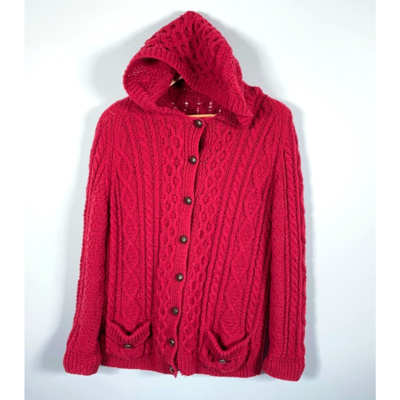 Vintage VINTAGE Unbranded Red Wool Cable Knit Hooded Sweater Women Medium Heavyweight Cardigan Crew Neck Long Sleeve Fall Winter Mens? Size M / US 6-8 / IT 42-44 - 2 Thumbnail