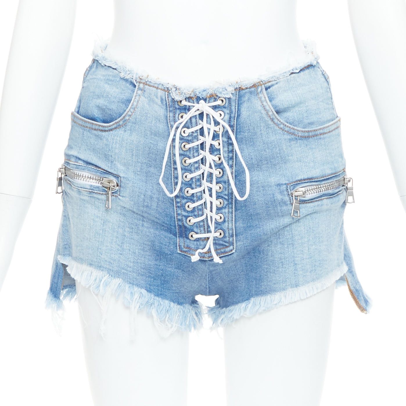 Unravel Project UNRAVEL PROJECT blue washed denim white laced front cut off shorts 25" Size 27" / US 4 / IT 40 - 1 Thumbnail