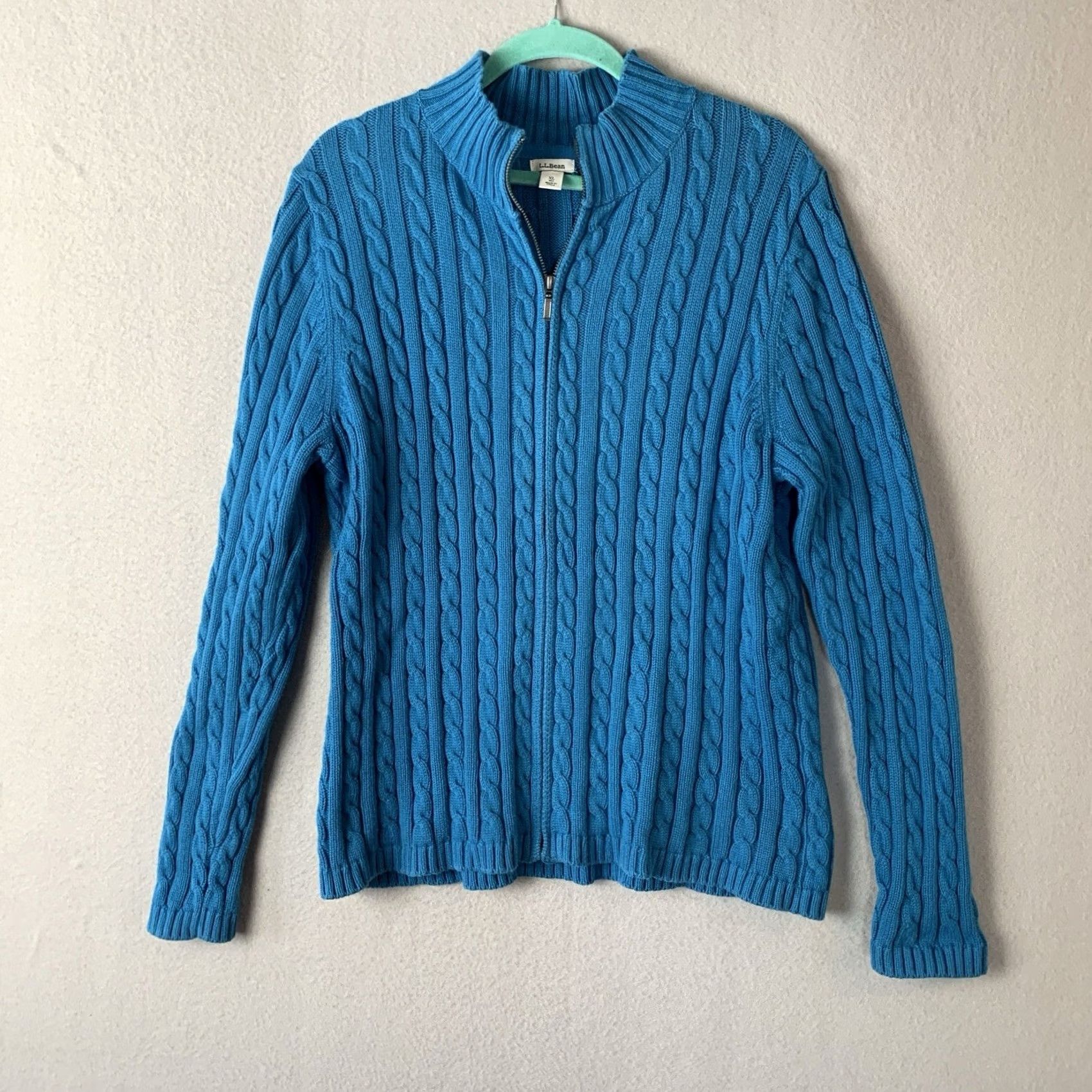 Vintage L.L. Bean Cardigan Fisherman Sweater Women XL Teal Cable Knit Full Zip Heavyweight Knit Cotton Size XL / US 12-14 / IT 48-50 - 2 Thumbnail