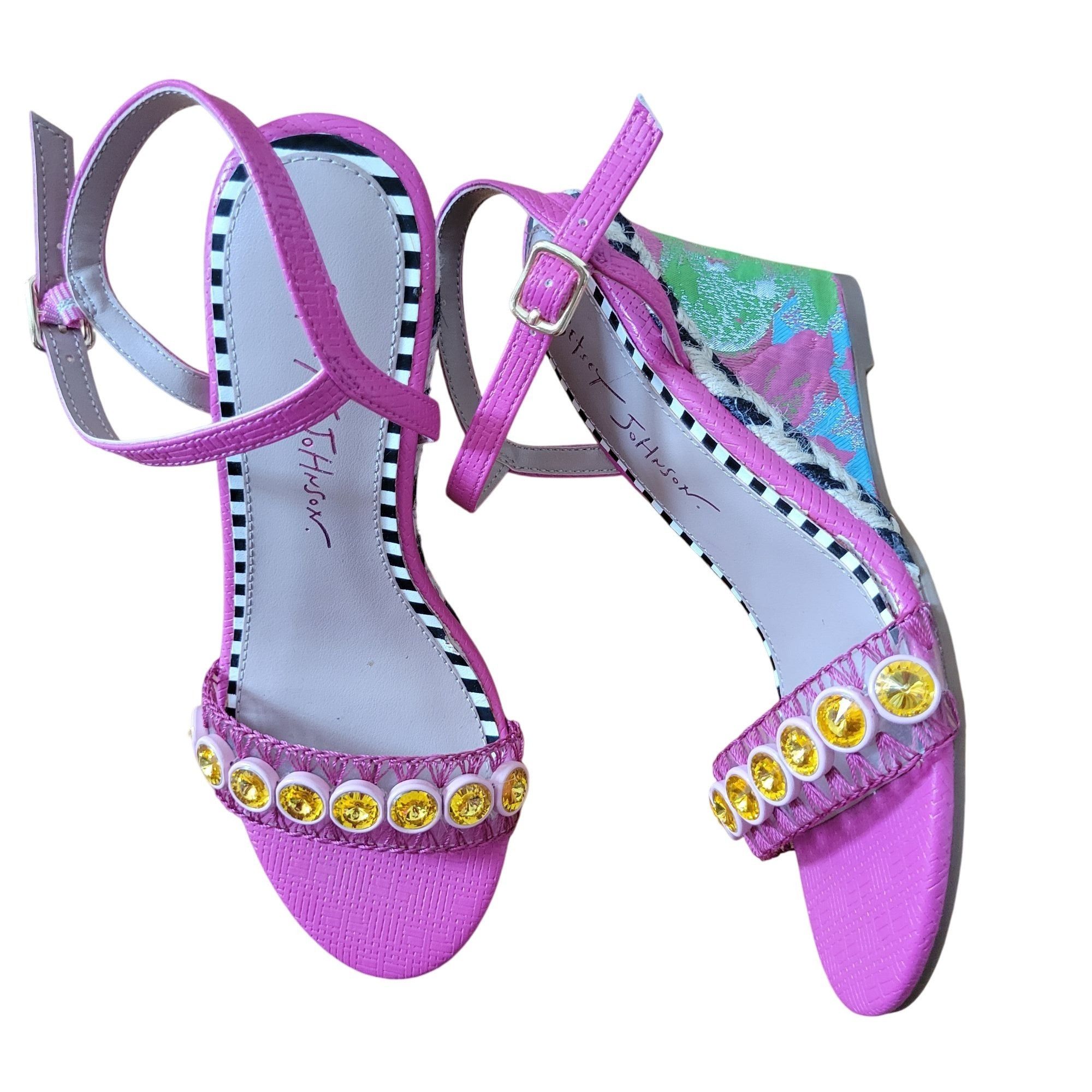 Betsey Johnson Pink Wedge Sandals Yellow Gem Accents Heel Shoes 6, Women's