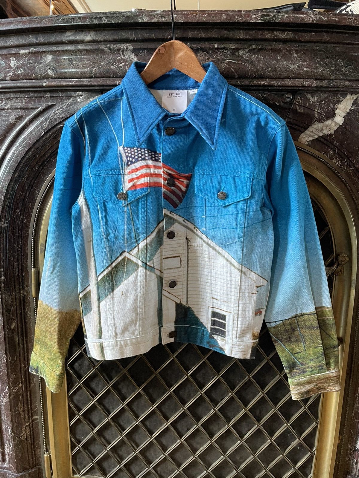 image of Calvin Klein 205W39Nyc Schoolhouse Printed Denim Jacket in Green, Men's (Size Small)