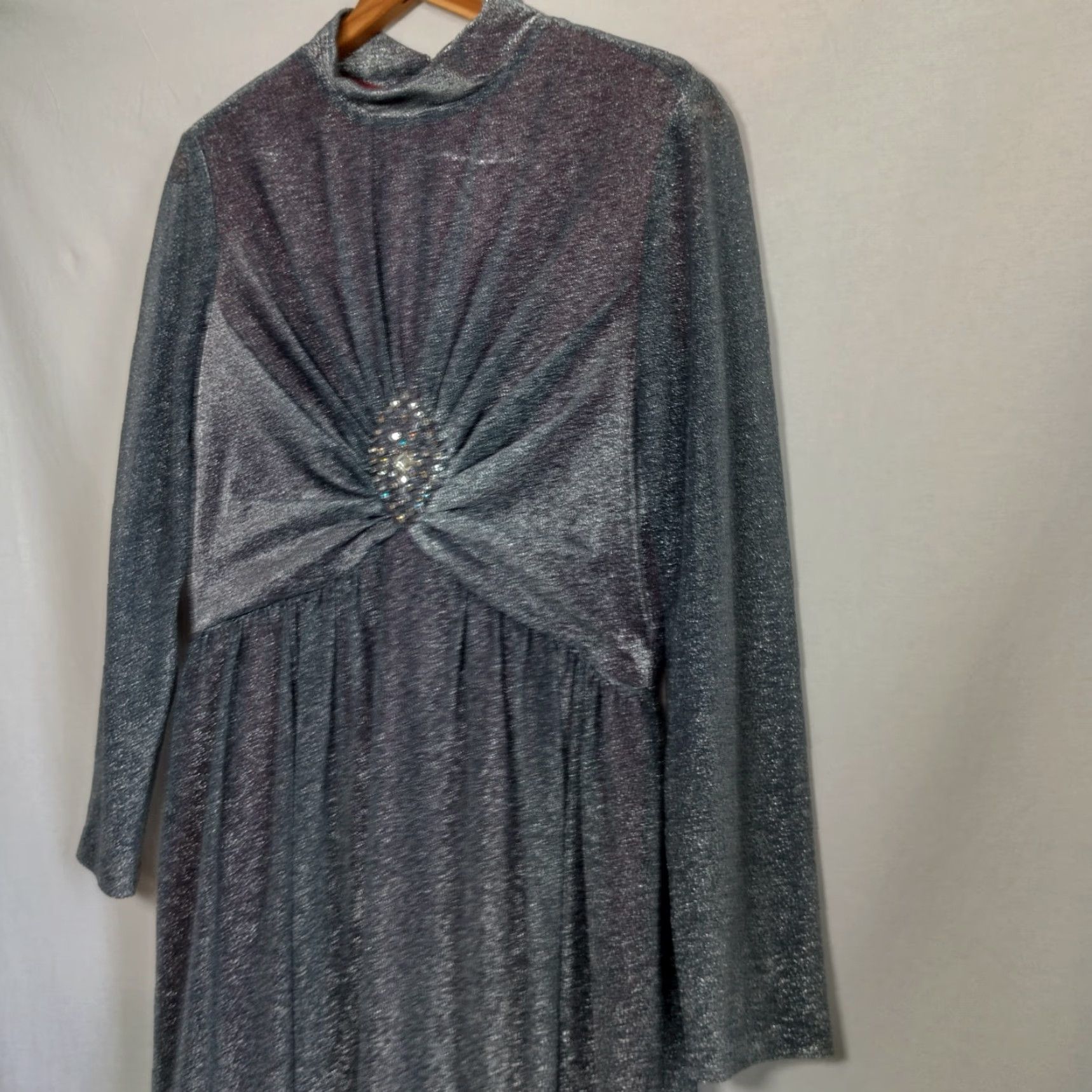 Vintage VINTAGE Evening Gown Maxi 59" Long Silver Metallic 1970s Size 16 Womens Party Event Beaded Rhinestones Size XXL / US 16-18 / IT 52-54 - 5 Thumbnail