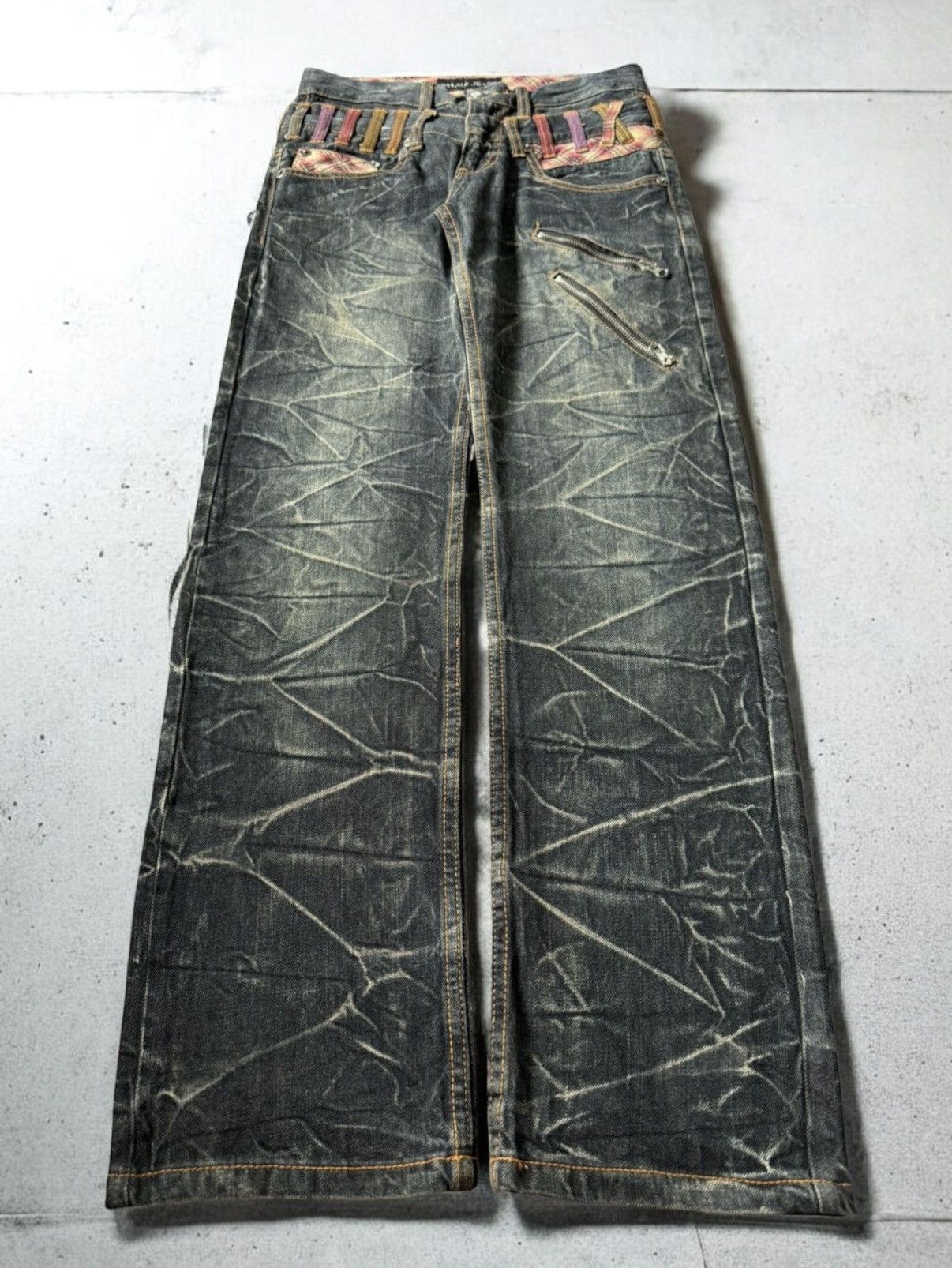 If Six Was Nine Nylaus Japan Double Waist Cracked Shadow Wash Edgy Jeans Size US 29 - 1 Thumbnail