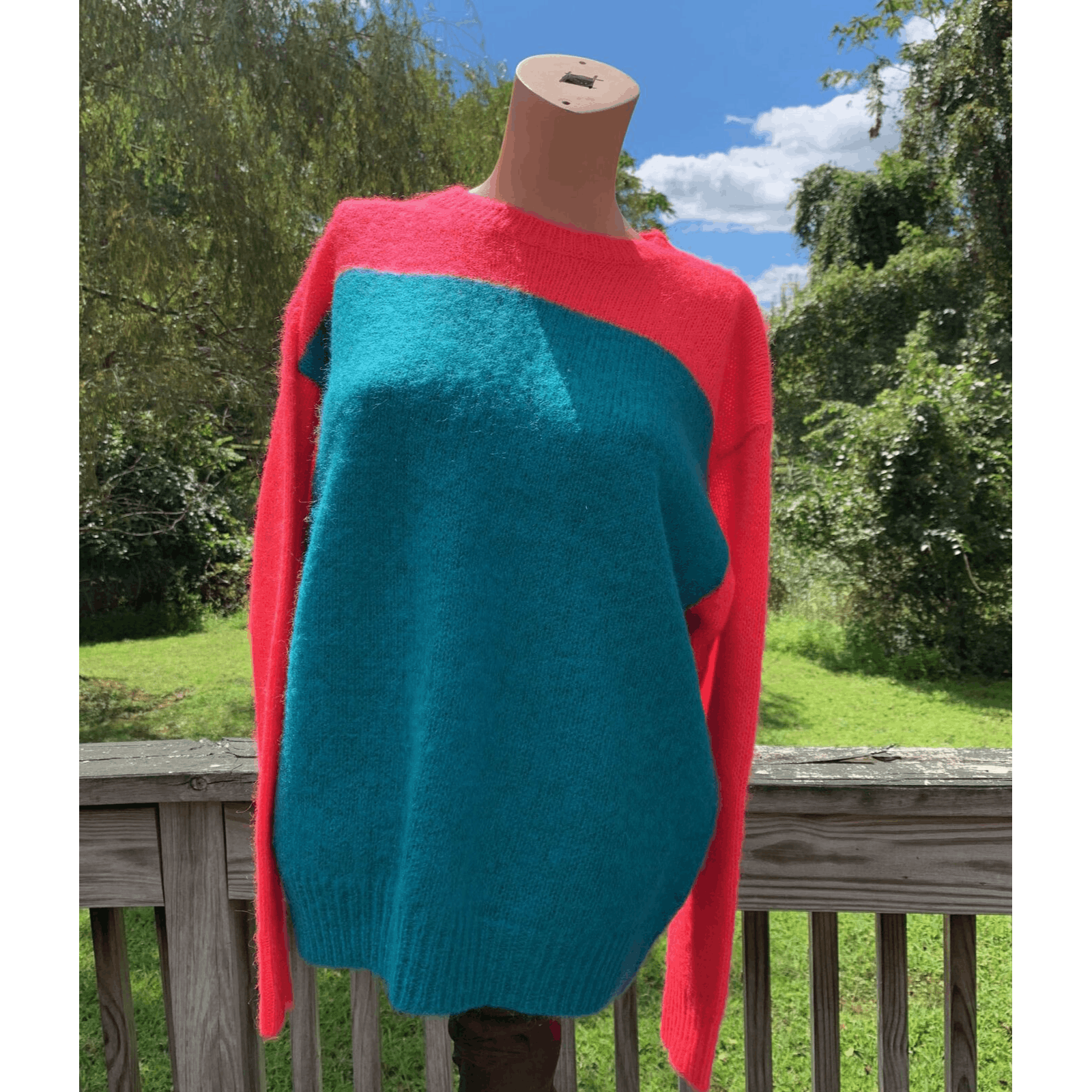 Stephen Sprouse Vtg 1980s STEPHEN SPROUSE Colorblock Red Blue Mohair Sweater Size L / US 10 / IT 46 - 3 Thumbnail
