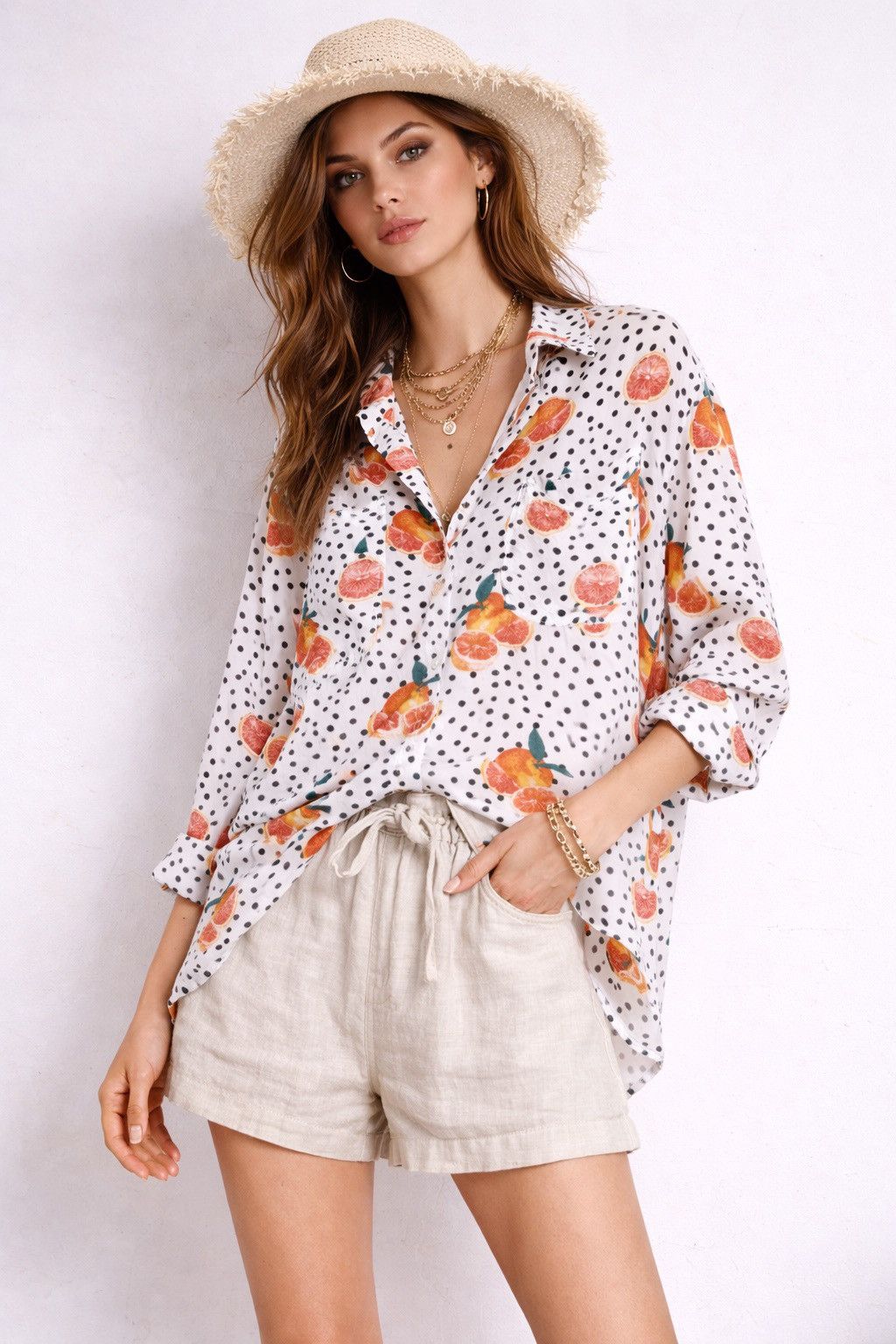 Vintage viscose blouse/shirt with polka dot & citrus print XL Size XL / US 12-14 / IT 48-50 - 1 Thumbnail
