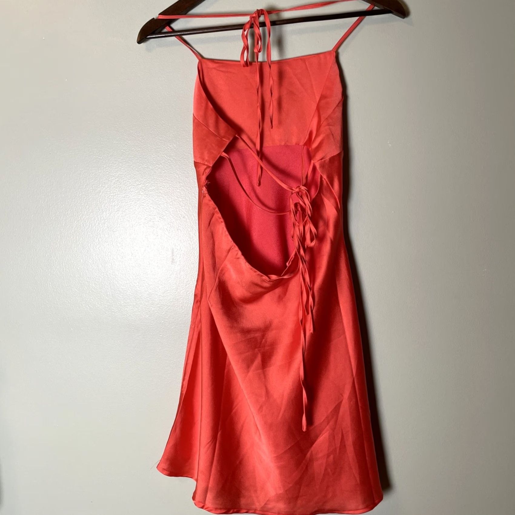 Vintage HYFVE All Nighter Satin Strappy Midi Dress L Halter Sleeveless Bow Strappy Orange Neon Melon 90s Clubwear Wedding Party Formal Women Dress Size L / US 10 / IT 46 - 2 Thumbnail