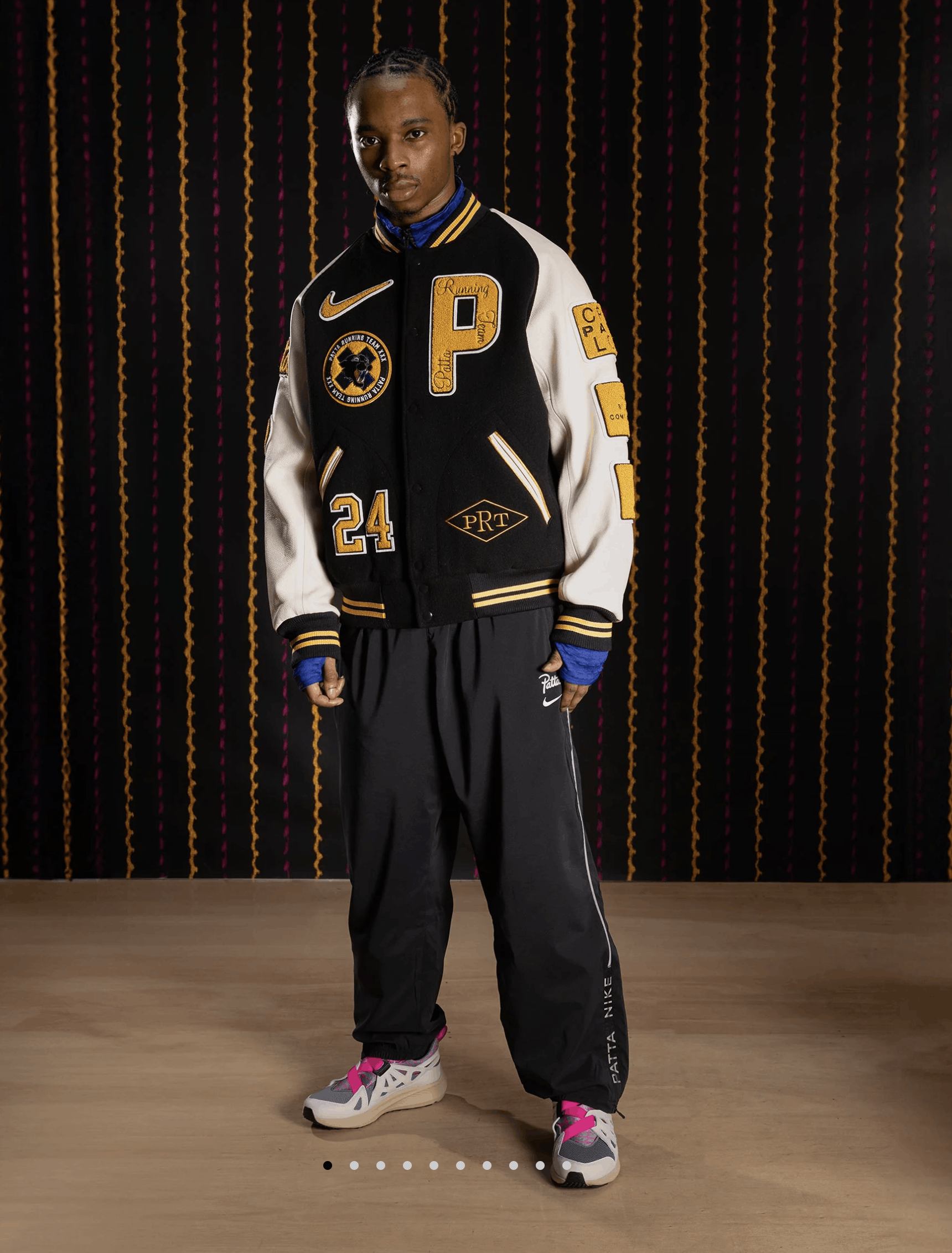 image of Nike x Patta Running Team Varsity Jacket in Black White Yellow, Men's (Size Large)
