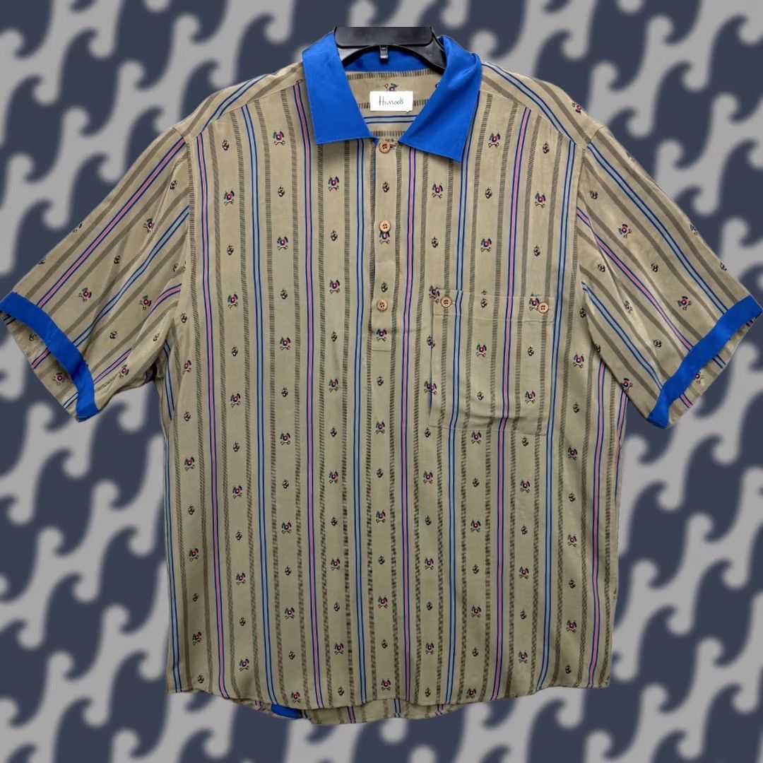 Harrods Shirt Men's M Brown Silk Knit 1/4 Button Short Sleeve Aop Logos, Men's