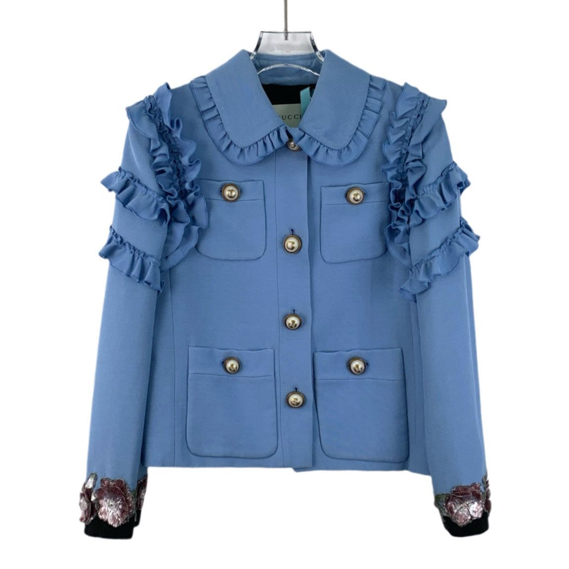 Gucci Blue Lace Sequin Mulberry Silk Long Sleeve Jacket