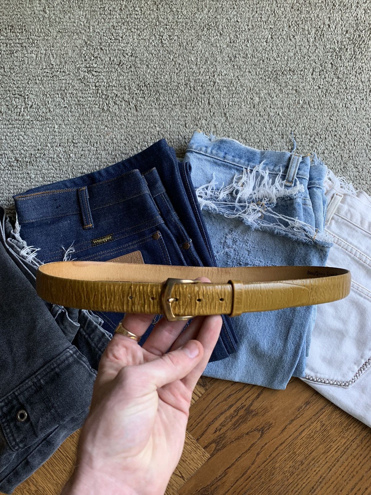 Other × Vintage Vintage Stag Grain Leather Belt 70s Deer Buckskin Odd Buckle Size ONE SIZE - 2 Thumbnail