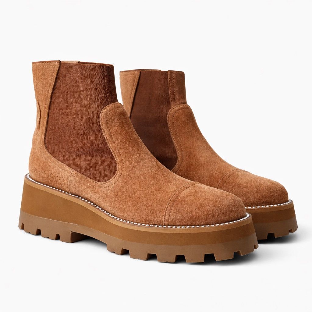 Jimmy Choo Jimmy Choo Suede Boots Caramel Crystal Platform Chelsea Size US 11 / IT 41 - 1 Thumbnail