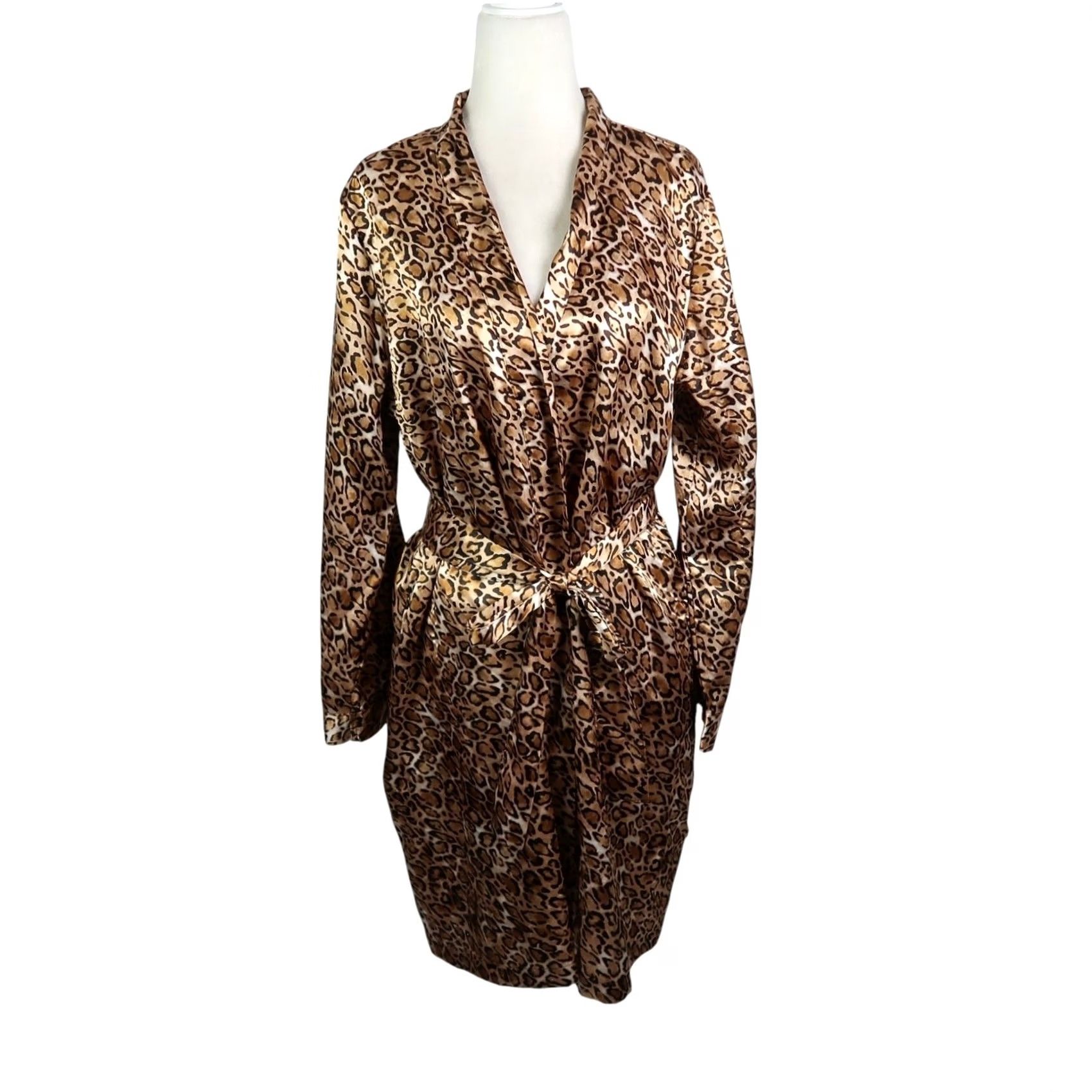 Vintage VINTAGE Morgan Taylor Brown Leopard Print Satin Robe S Womens Long Sleeve Polyester 90s Size ONE SIZE - 2 Thumbnail