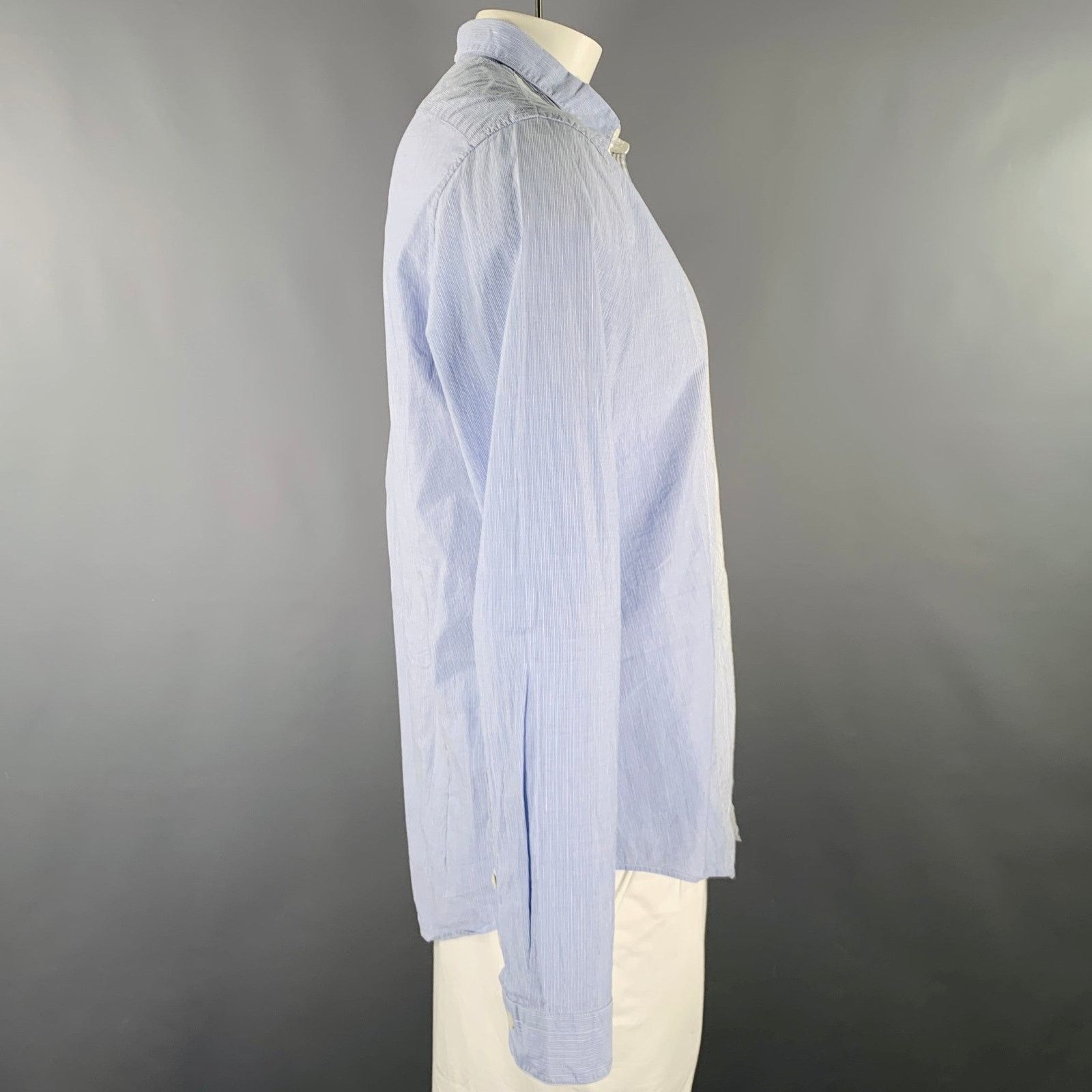 John Varvatos Light Blue White Stripe Cotton Linen Long Sleeve Shirt Size US L / EU 52-54 / 3 - 2 Thumbnail
