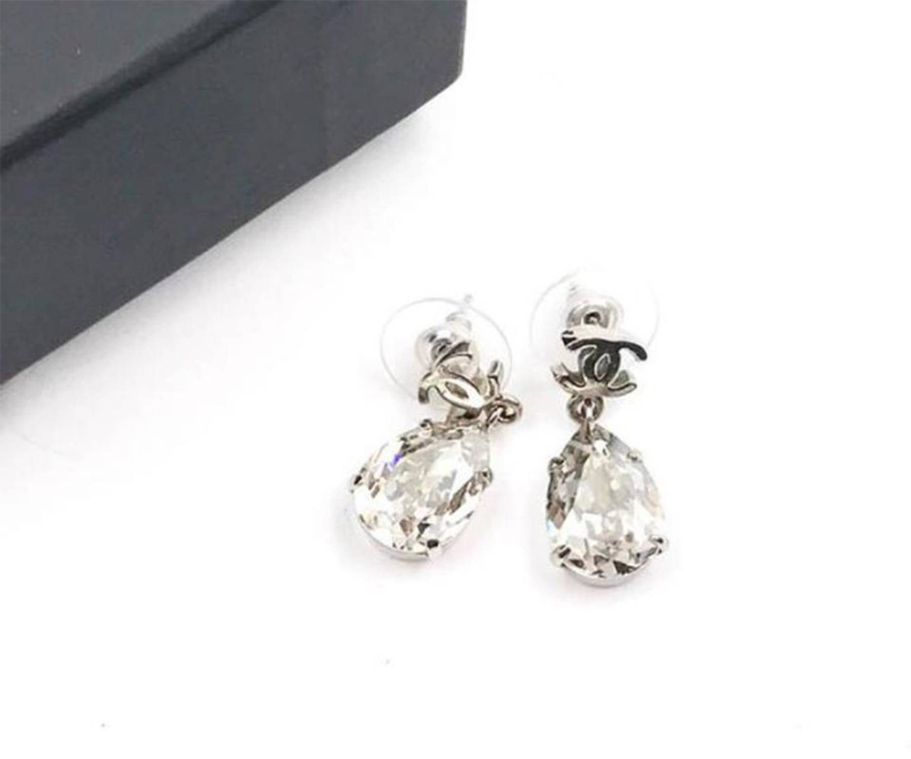 Chanel Chanel Silver CC Tear Drop Crystal Shiny Piercing Earrings Size ONE SIZE - 2 Thumbnail
