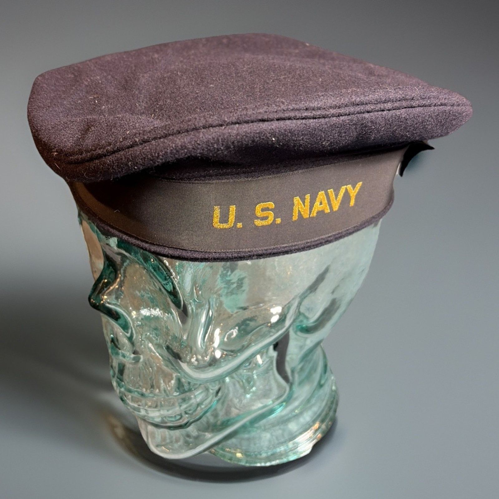 Vintage WWII US Navy Sailors Blue Wool Flat Hat leather Band 6-7/8 Size ONE SIZE - 1 Thumbnail