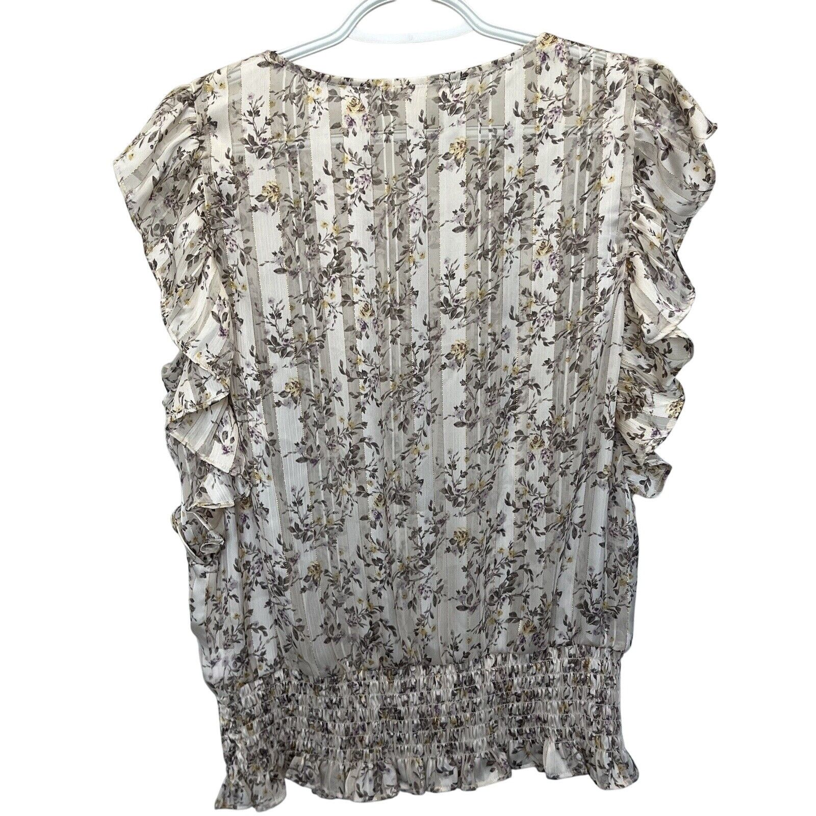 Anthropologie Pleione | Anthro White Metallic Pipe Roses Floral Ruffle Top Size L / US 10 / IT 46 - 6 Thumbnail