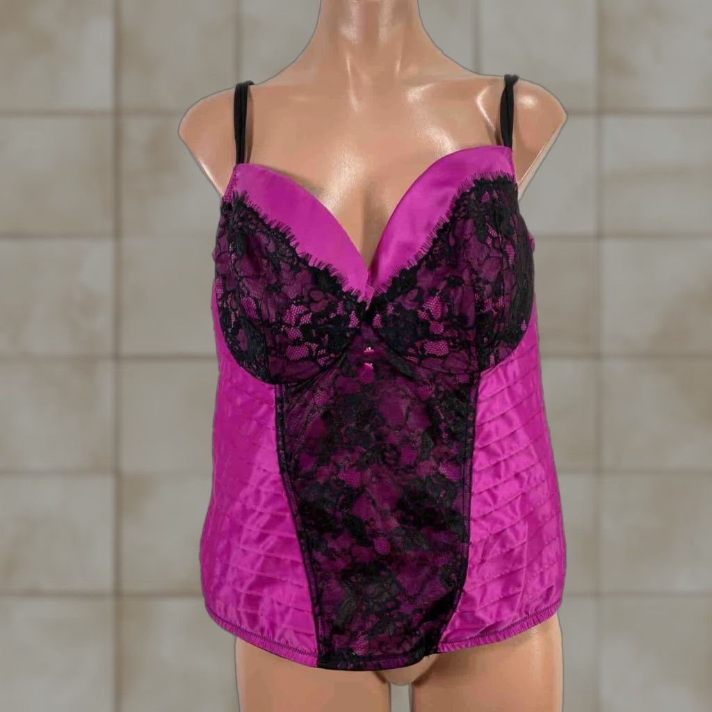 Vintage Cacique Plus Satin Lace Corset Bustier Size 26/28 Raspberry Black Underwired Womens in Pink