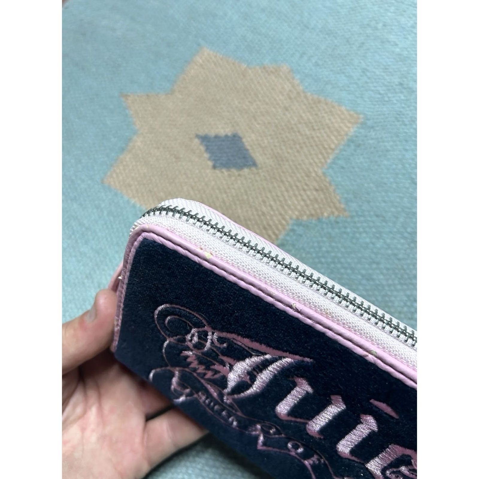 Juicy Couture Juicy Couture Wallet Zip Clutch Wristlet Black Velvet Embroidered Pink Womens Size ONE SIZE - 4 Thumbnail